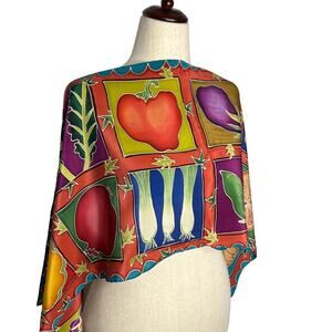 Cynthia MacCollum Scarf Hand Rolled Silk 58" Harvest Vegetables Tomatoes Pears